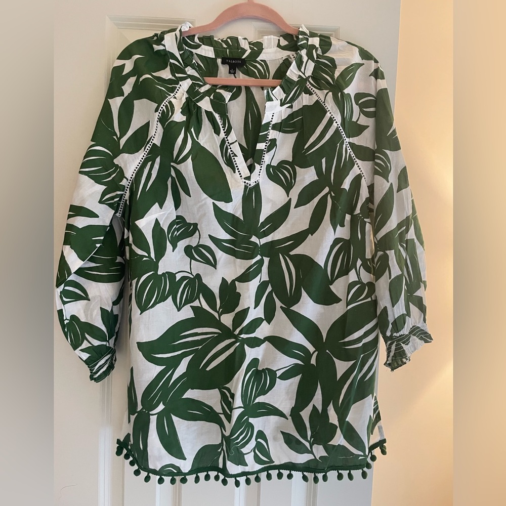Talbots tunic. Green and white Print. Custom pompoms. Size L.